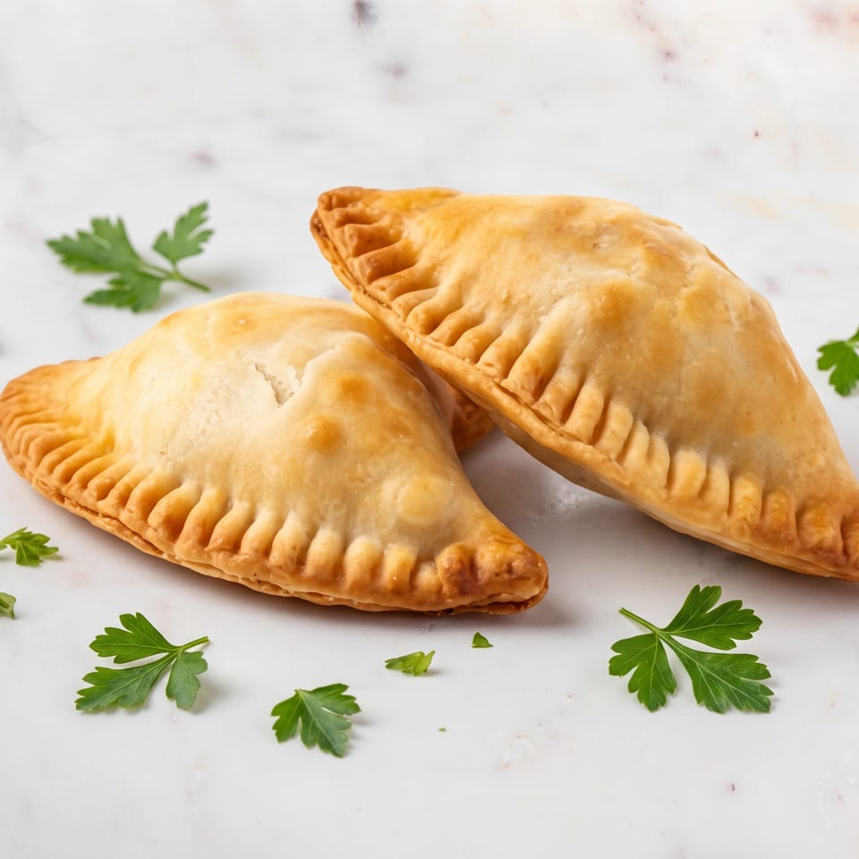 Two golden-brown empanadas with crimped edges and fresh parsley sprigs on a white marble surface.