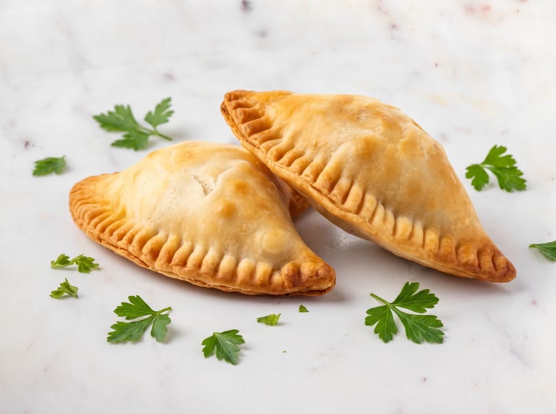 Two golden-brown empanadas with crimped edges and fresh parsley sprigs on a white marble surface.