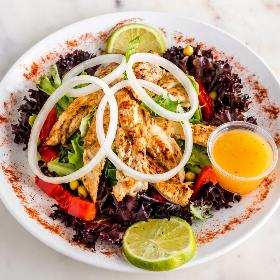 Grilled chicken salad with red peppers, onions, lime, and dressing on a white plate.