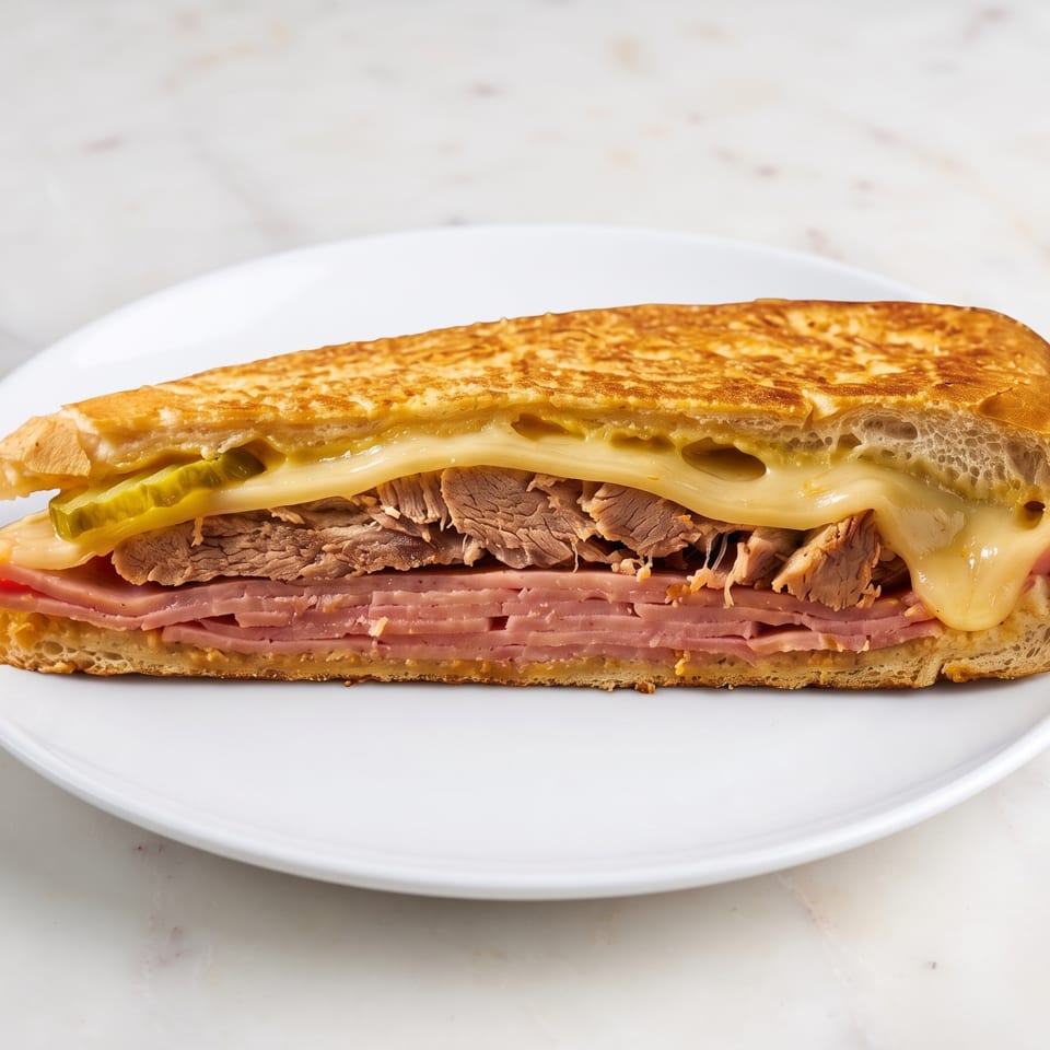 A grilled Cuban sandwich, cut in half, revealing layers of ham, roasted pork, cheese, and pickles.