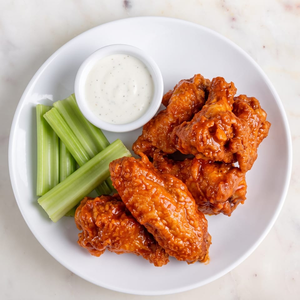 Buffalo wings with celery sticks and a side of ranch dressing on a white plate.