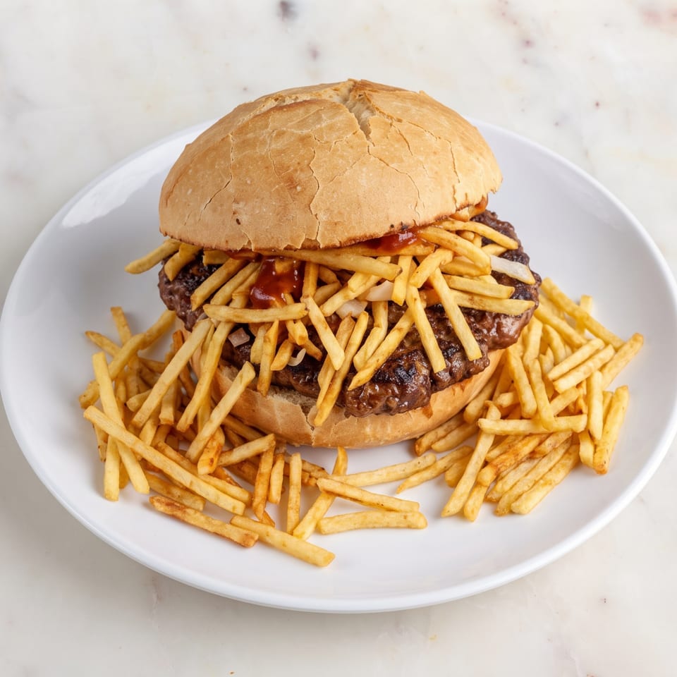 A large burger with fries and sauce on a white bun, surrounded by more fries on a white plate.